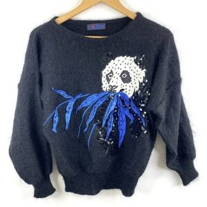 Escada Black Sweater with Panda and Blue Leaves